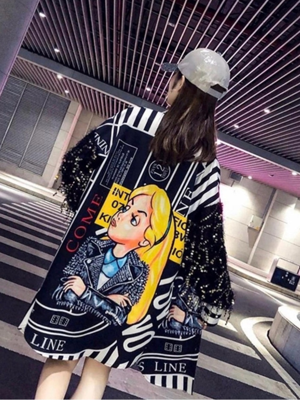 Graphic Black & White Women’s Statement Shirt Dress with Yellow Accent